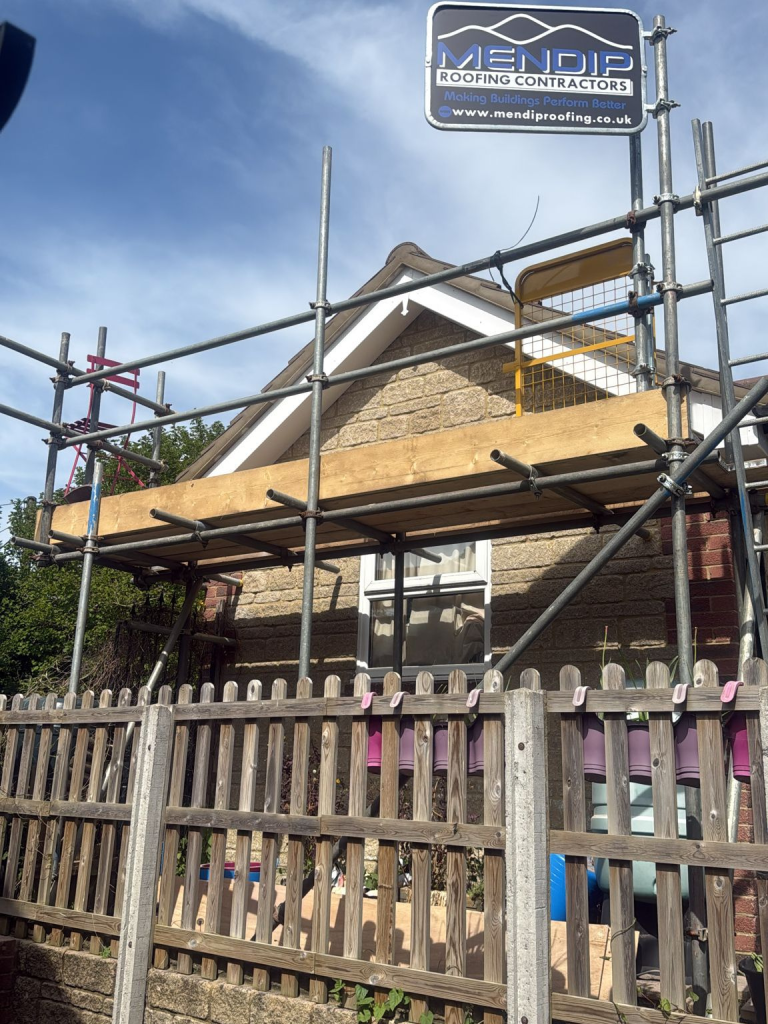 Scaffolding installed by Mendip Roofing Contractors during a roof refurbishment in Castle Cary